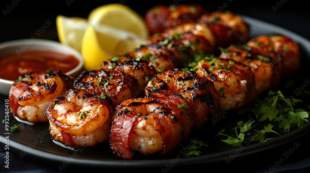 Grilled bacon-wrapped shrimp served with lemon wedges and dipping sauce Grilled bacon-wrapped shrimp served with lemon wedges and dipping sauce