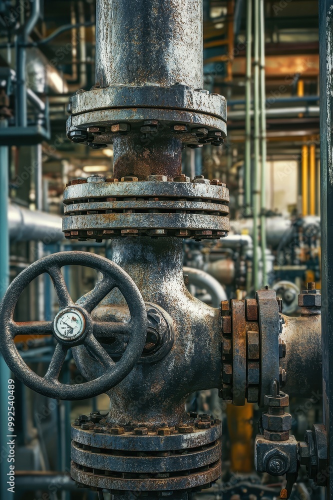Industrial Machinery Close-Up with Rusted Metal Pipes and Valves in a Factory Setting Industrial Machinery Close-Up with Rusted Metal Pipes and Valves in a Factory Setting