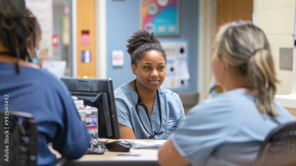 Nurses collaborating at a nurse station, discussing patient care. Nurses collaborating at a nurse station, discussing patient care.