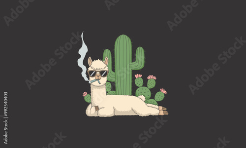 Chill alpaca smoking a cigar, lounging by a cactus with text saying Wanna Smoke Alpaca Bowl