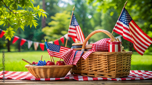 Patriotic picnic basket and decorations for Fourth of July celebration, Fourth of July, Independence Day, patriotic, picnic, basket photo