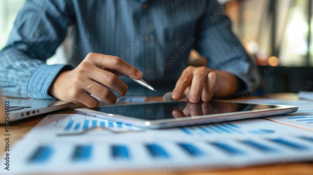 Person reviewing electronic documents on a tablet. Person reviewing electronic documents on a tablet.