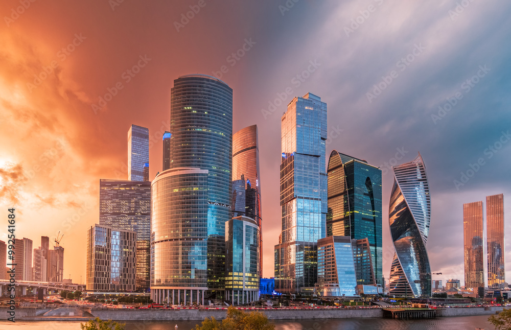 High buildings of Moscow-City at Moskva River at summer sunset, Russia. High buildings of Moscow-City at Moskva River at summer sunset, Russia.