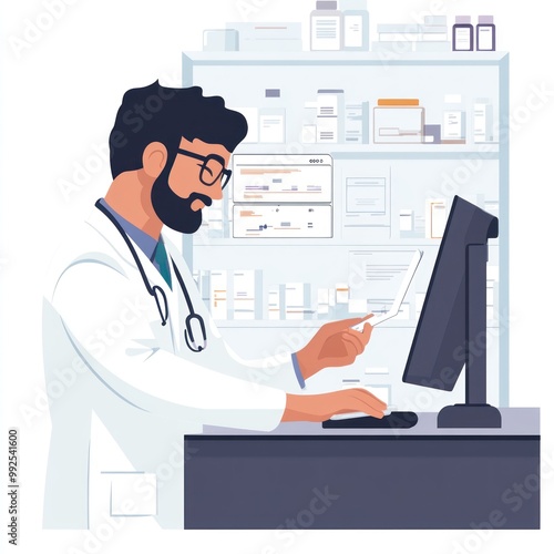 Pharmacist filling an electronic prescription order. --v 6.1 Job ID: e843df29-5f84-4ec1-be2c-13f909fba78c