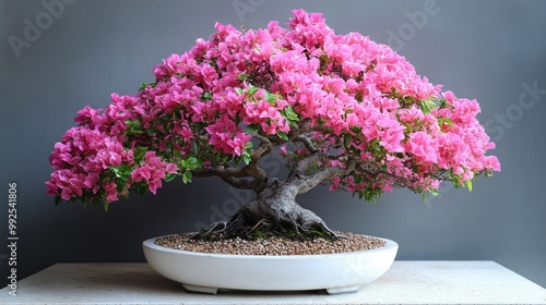 A vibrant bonsai tree with pink flowers in a decorative pot.