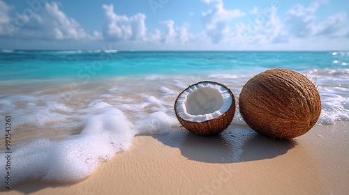 Coconut split open on a sandy beach with the turquoise ocean waves gently lapping at the shore in the background evoking a sense of tropical paradise Scientific name Cocos nucifera