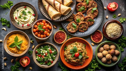 Various Middle eastern or Arabic dishes such as hummus, falafel, kebabs, and tabbouleh on a black background, Middle Eastern