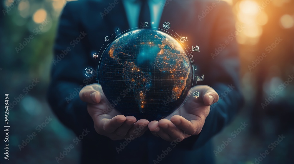 Fototapeta premium Businessman holding a globe, nature setting