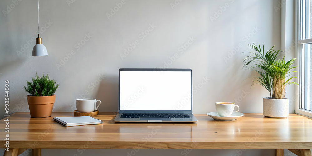 Minimalist home office setup with a mockup laptop displaying a blank screen on a desk, workspace, laptop Minimalist home office setup with a mockup laptop displaying a blank screen on a desk, workspace, laptop
