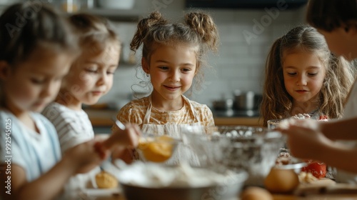 Diverse Group of Kids in Kitchen. Happy Baking and Cooking Education