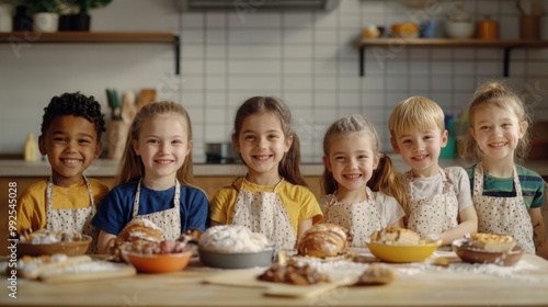 Diverse Group of Kids in Kitchen. Happy Baking and Cooking Education