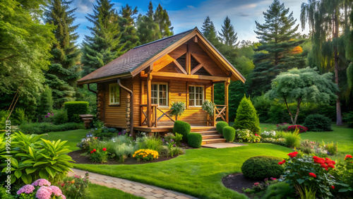 Cozy wooden house nestled in a lush garden setting, wooden, house, cabin, garden, cozy, peaceful, tranquil, serene