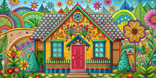 Wallpaper Mural Coloring book house with vibrant colors and intricate details, children, coloring, book, house,vibrant, colors, colorful Torontodigital.ca