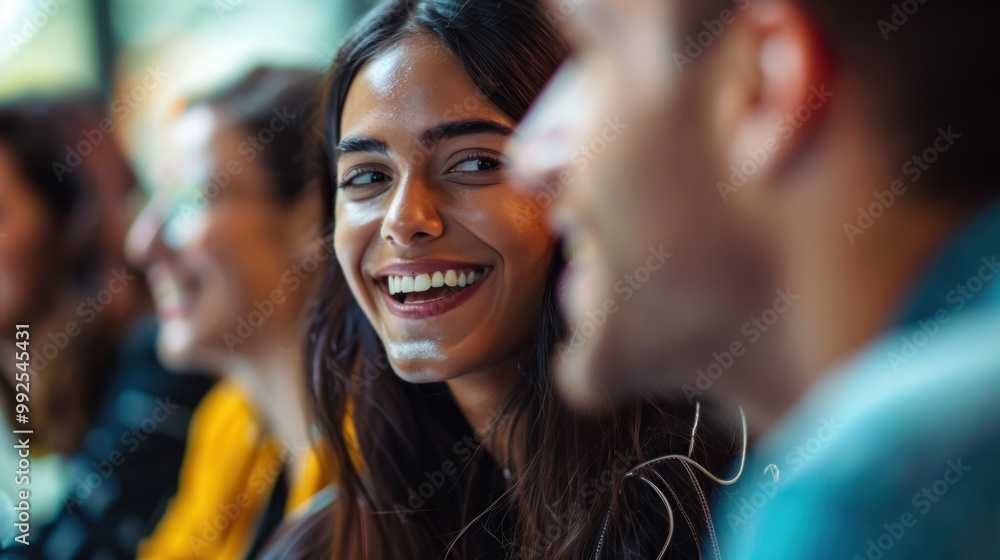 Smiling colleagues engaged in a positive and friendly conversation. Smiling colleagues engaged in a positive and friendly conversation.