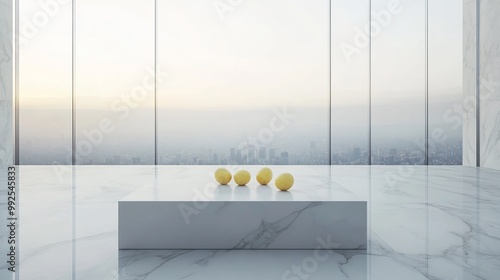 Collection of Wampee fruits presented minimalist white marble platform trendy highrise penthouse expansive city views soft evening lights creating luxurious urban feel Scientific name Clausena lansium photo