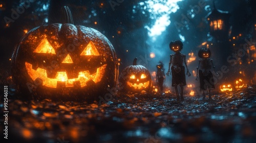 Children walking among glowing jack-o'-lanterns in a spooky setting.