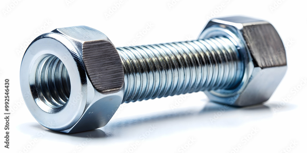 Close up of metallic bolt and nut, metal, steel, fastener, industrial, equipment, hardware, fixing, mechanic Close up of metallic bolt and nut, metal, steel, fastener, industrial, equipment, hardware, fixing, mechanic