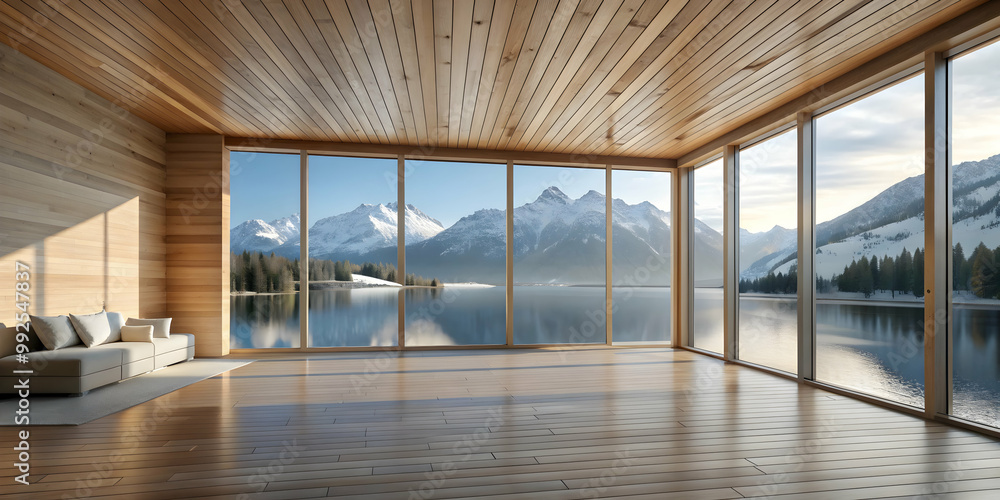 Minimalist wooden lakeside house interior with a view of snowy mountains , lakeside, house, interior, wooden, minimalist, snowy Minimalist wooden lakeside house interior with a view of snowy mountains , lakeside, house, interior, wooden, minimalist, snowy