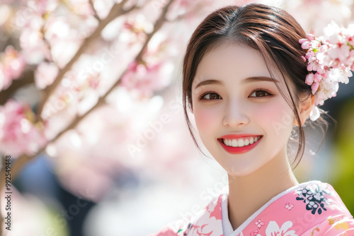 Japanese woman wearing japanese kimono with cherry blossom background