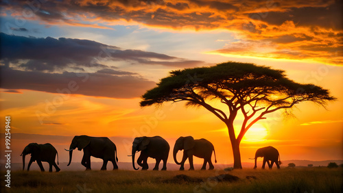 Silhouettes of five African elephants and tree at sunset near bush camp in Tanzania, african elephants, sunset, silhouettes