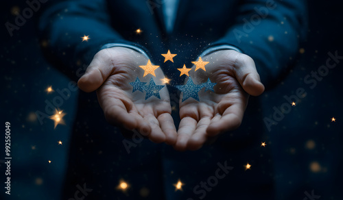 Hands Holding Golden Stars – Customer Service and Excellence Concept design