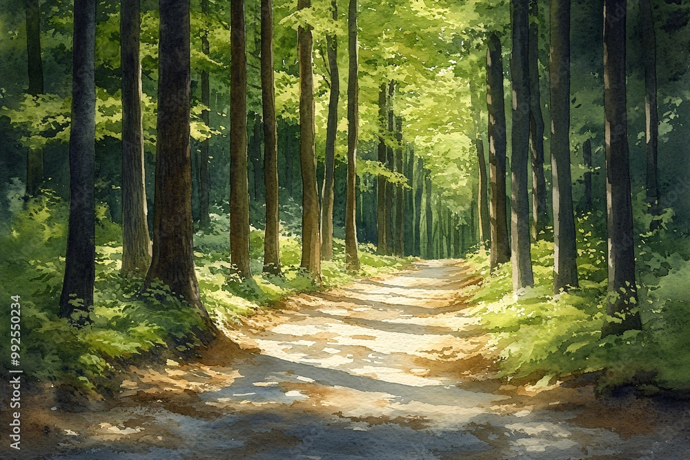 Fototapeta premium Watercolor painting of sunlight casting dappled shadows through a canopy of new leaves in a serene woodland path.