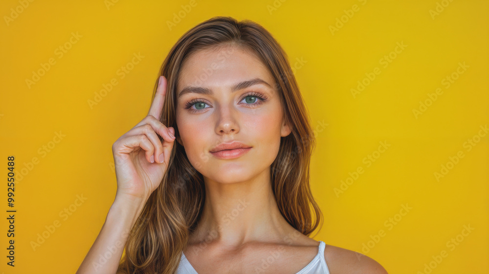 Head shot of a woman holding up one finger as if to get someone's attention or to answer a question. Isolated against a yellow background. Long brown hair. Copy space.