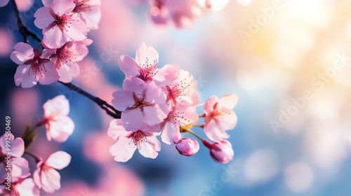 Delicate cherry blossoms in soft focus, illuminated by warm sunlight, creating a serene atmosphere of springtime beauty.