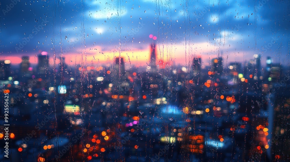 Fototapeta premium A rainy cityscape at dusk, with blurred lights and colors.
