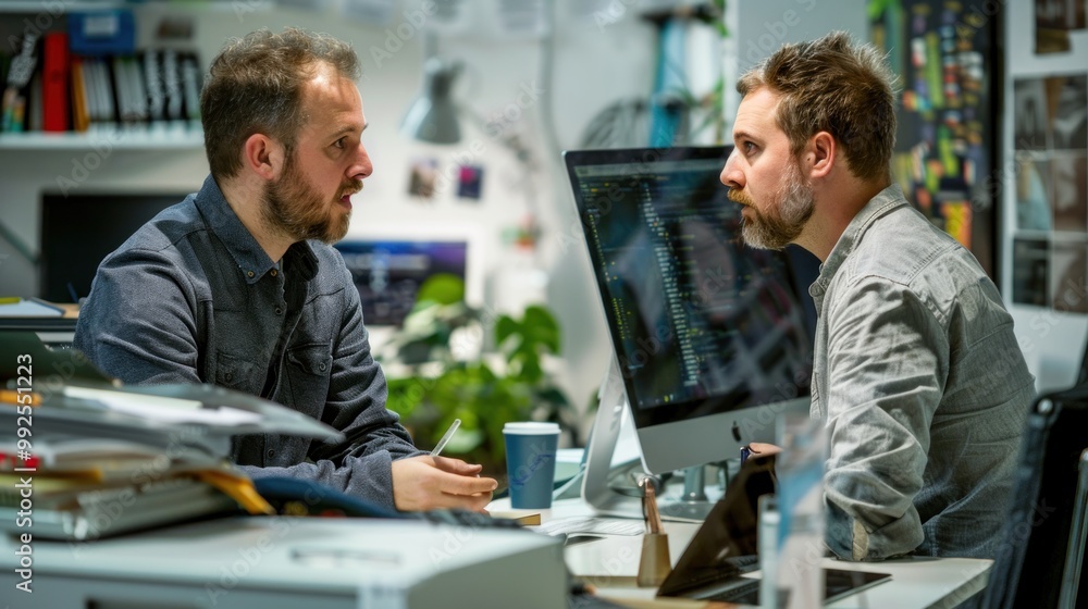 Two colleagues having a detailed discussion about a project at their desks. Two colleagues having a detailed discussion about a project at their desks.