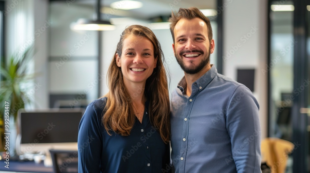 Two colleagues smiling and posing for a photo in the office. Two colleagues smiling and posing for a photo in the office.