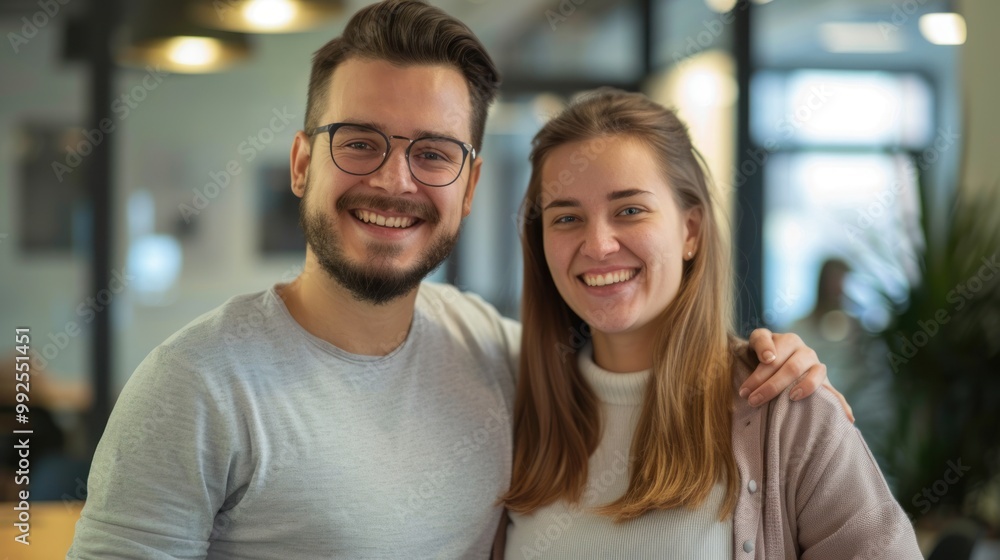Two colleagues smiling and posing for a photo in the office. Two colleagues smiling and posing for a photo in the office.