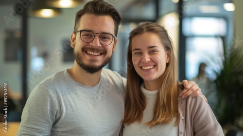 Two colleagues smiling and posing for a photo in the office.