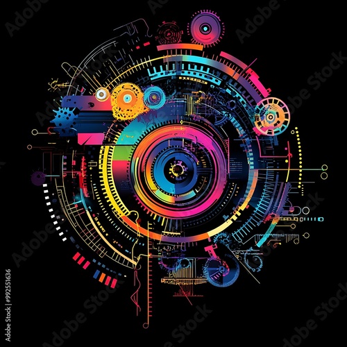 Abstract Colorful Circular Design with Gears and Geometric Shapes