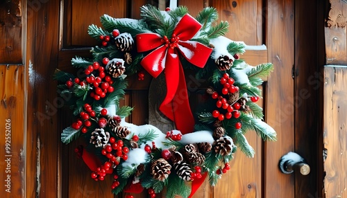 christmas wreath on wooden door A beautifully decorated Christmas wreath with red berries, pine cones, and a big red bow hanging on a wooden door, dusted lightly with snow