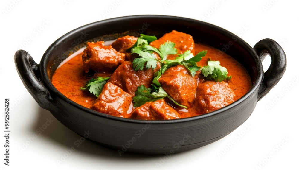 Traditional Indian Curry in a Black Bowl with Fresh Herbs Traditional Indian Curry in a Black Bowl with Fresh Herbs