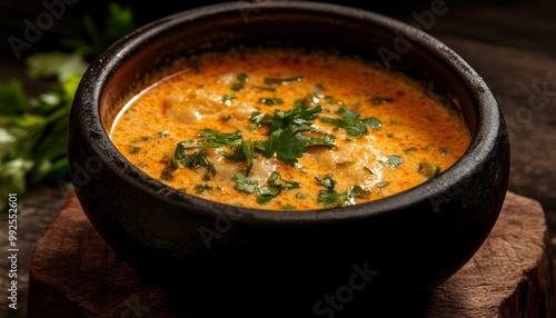 Creamy Curry Soup in a Rustic Bowl with Fresh Herbs