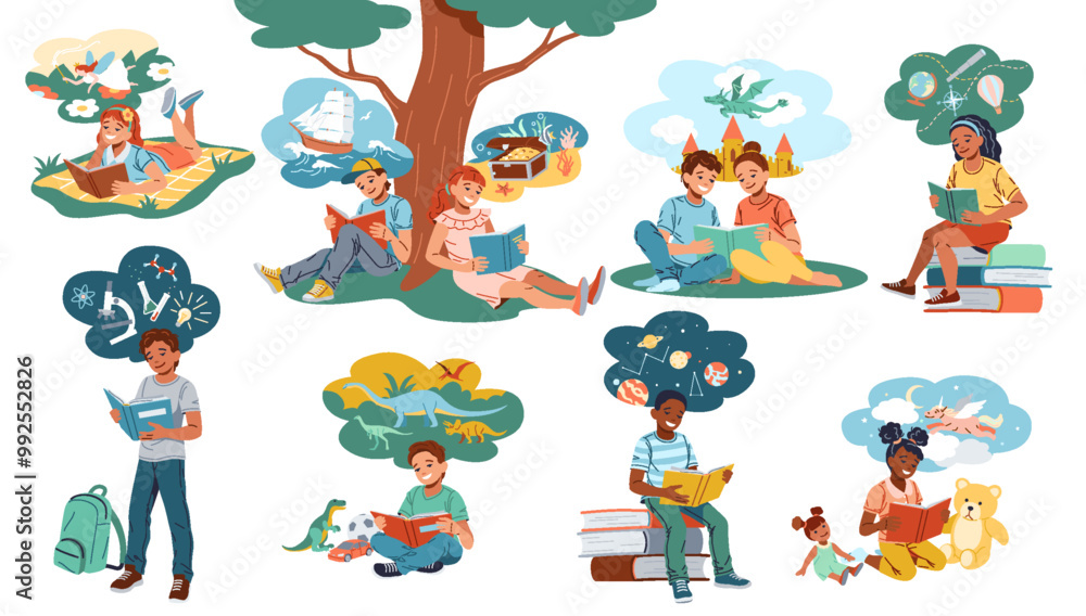 Fototapeta premium Happy children reading books flat color vector icon set. Kids with rich imagination enjoying stories illustration pack on white background