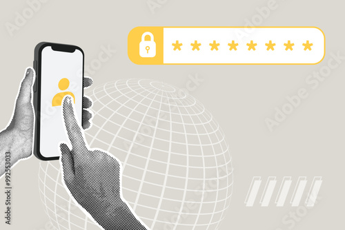Modern halftone collage. Cybersecurity Concept. Person uses smartphone, laptop, computer to enter login and password to protect data and secure internet access. Business creative illustration for web 