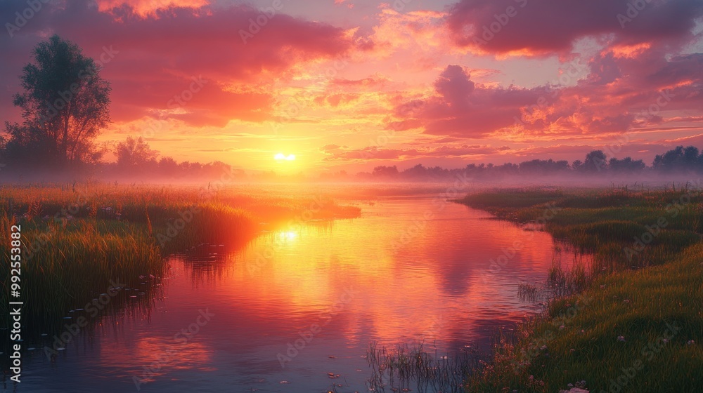 Serene sunset over a misty river with vibrant colors and reflections. Serene sunset over a misty river with vibrant colors and reflections.