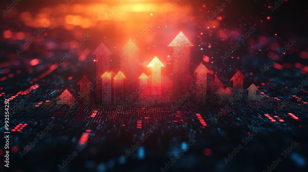 Red Upward Arrows Formed by Glowing Dots on a Dark Background Red Upward Arrows Formed by Glowing Dots on a Dark Background
