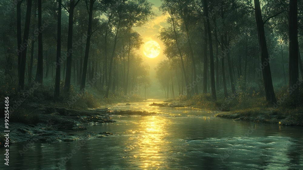 Fototapeta premium Serene forest landscape with a glowing sunset reflecting on water.