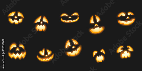 Glowing carved Halloween pumpkins faces realistic color icons set. Spooky ghosts facial expressions 3d objects illustration collection