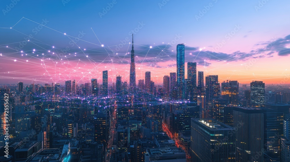 Fototapeta premium City Skyline with Network Technology at Twilight