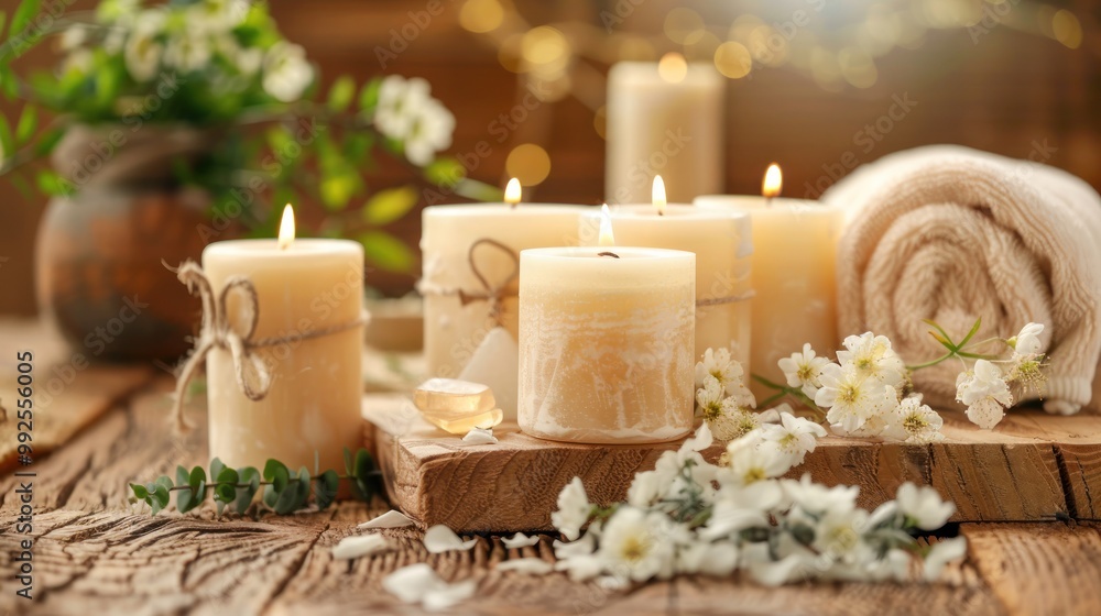 A serene spa setting with candles and essential oils. A serene spa setting with candles and essential oils.