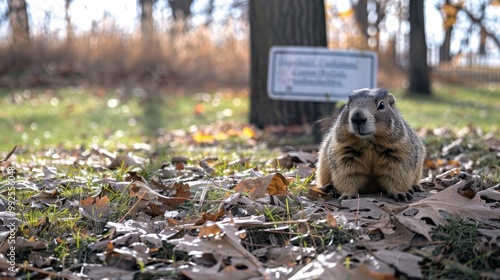 A sign in a park announcing the groundhog's prediction.