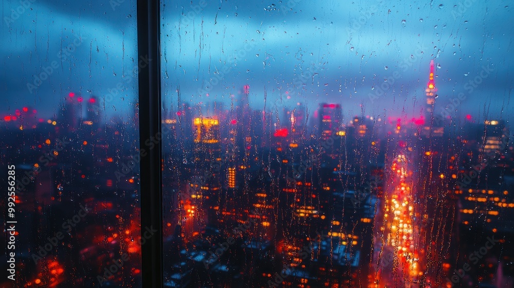 Fototapeta premium Cityscape view through a rain-soaked window at dusk.