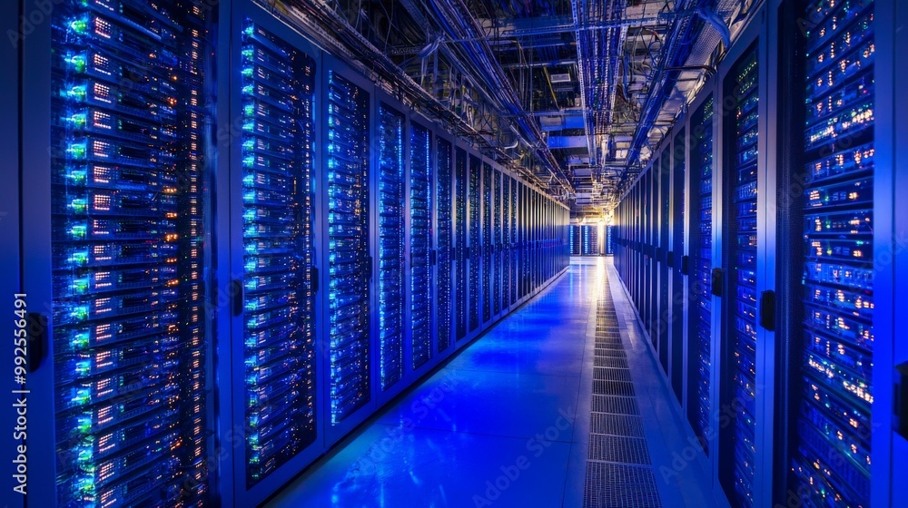 A data warehouse with rows of servers, representing the storage and management of massive datasets A data warehouse with rows of servers, representing the storage and management of massive datasets