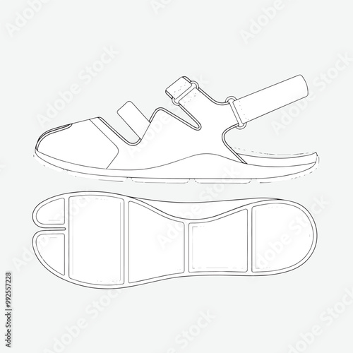 Kung fu sandals technical flat sketch vector mockup template