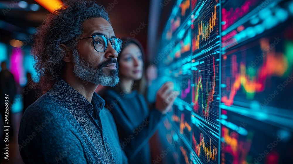 Diverse group of data analysts reviewing big data visualizations on large screens in a high-tech office, focused on collaboration and analysis